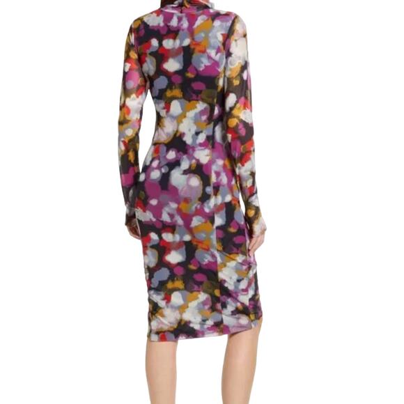 Open Edit Black Floral Painted Confetti Long Sleeve Ruched Mesh Dress - SIZE M - Picture 5 of 10